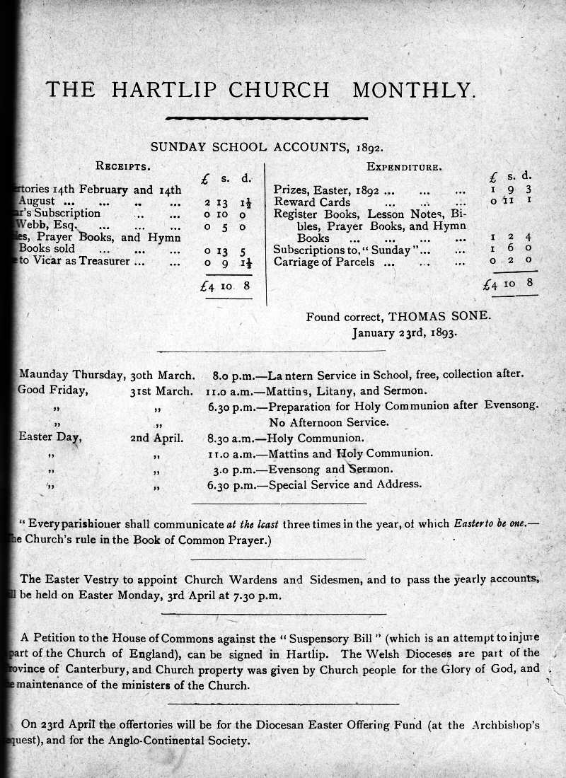 Parish Magazine page number 1 for Apr 1893