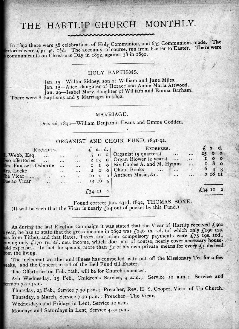 Parish Magazine page number 1 for Feb 1893
