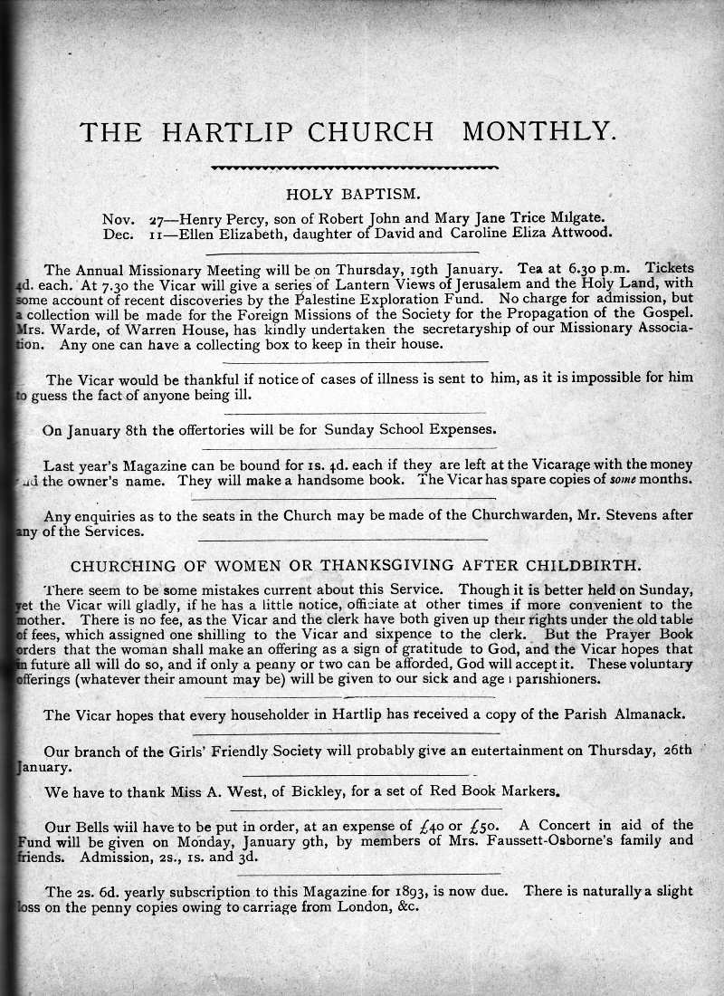 Parish Magazine page number 1 for Jan 1893