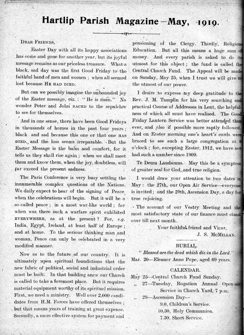 Parish Magazine page number 2 for May 1919