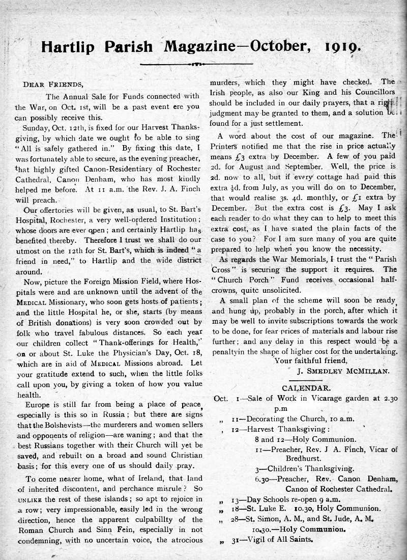 Parish Magazine page number 2 for Oct 1919