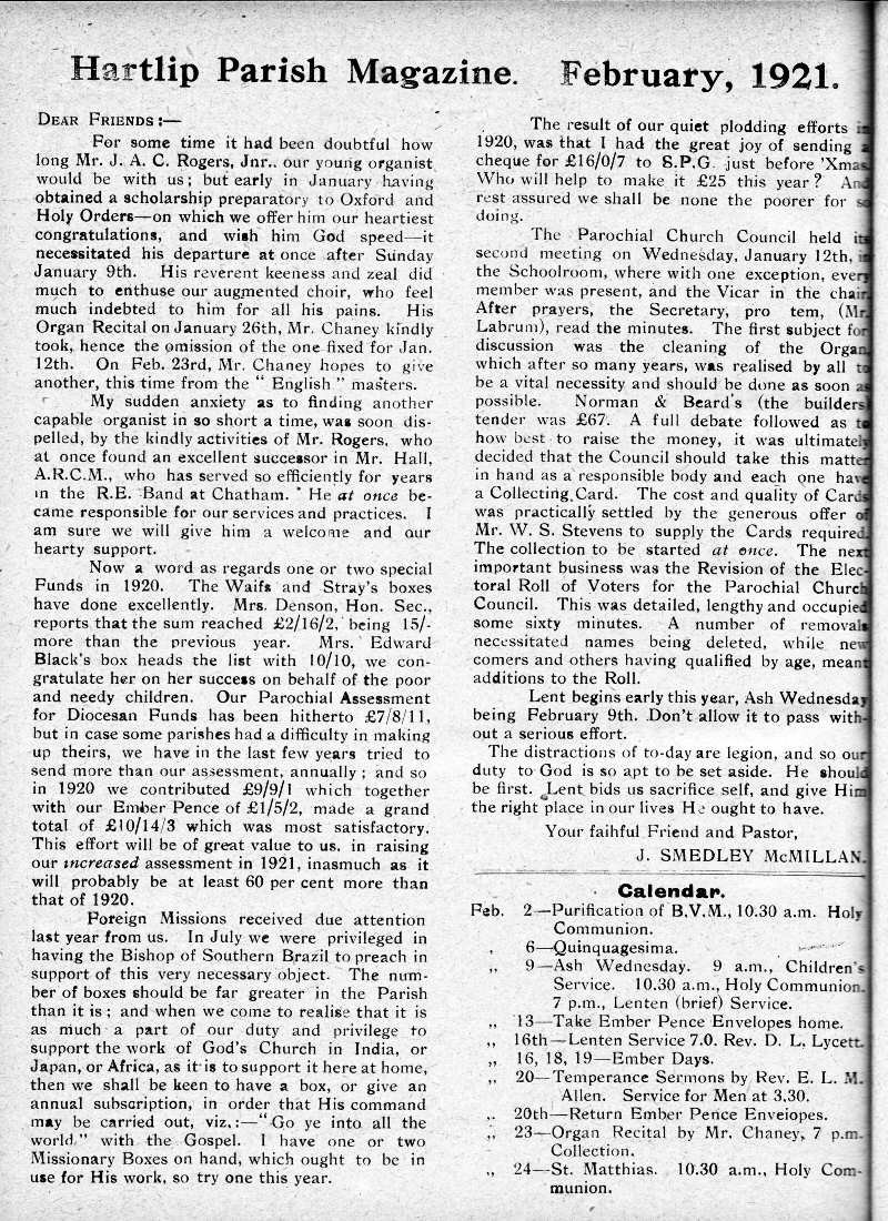Parish Magazine page number 2 for Feb 1921