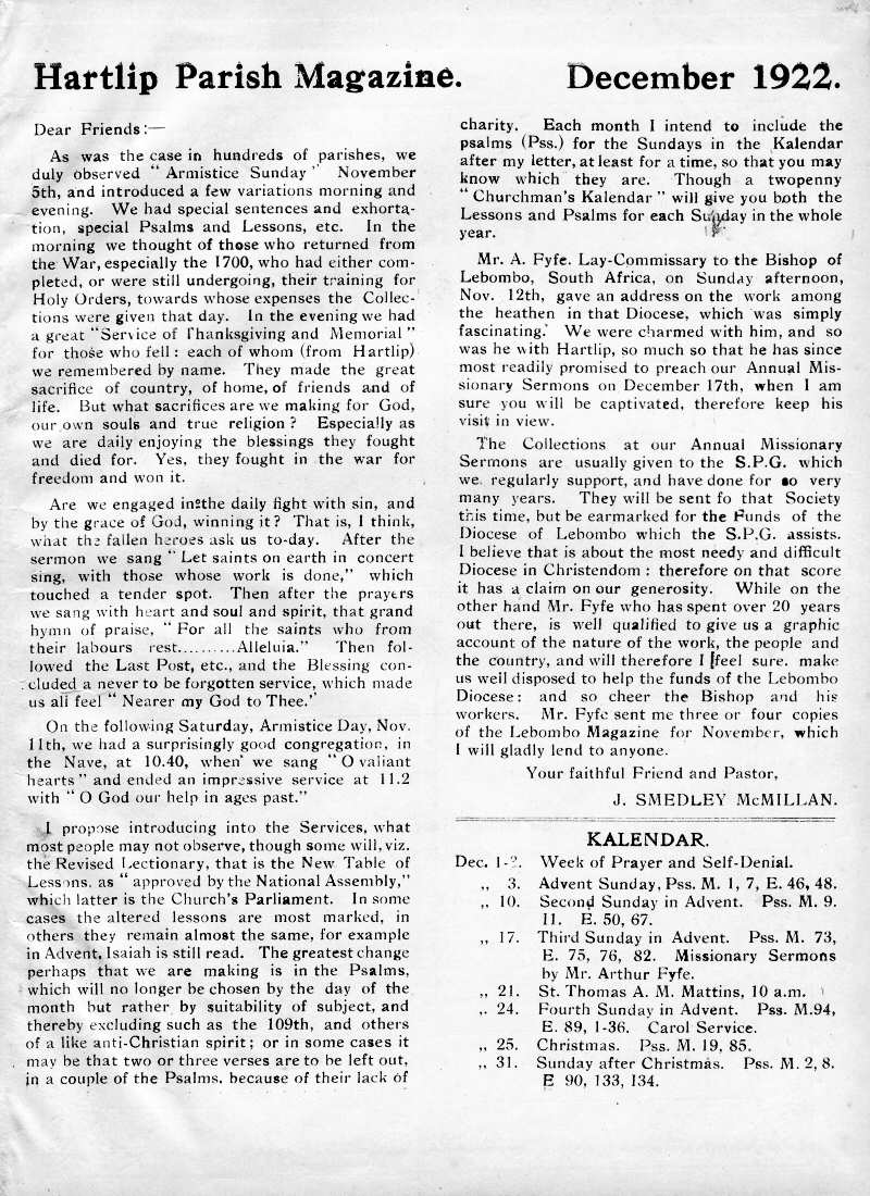 Parish Magazine page number 2 for Dec 1922