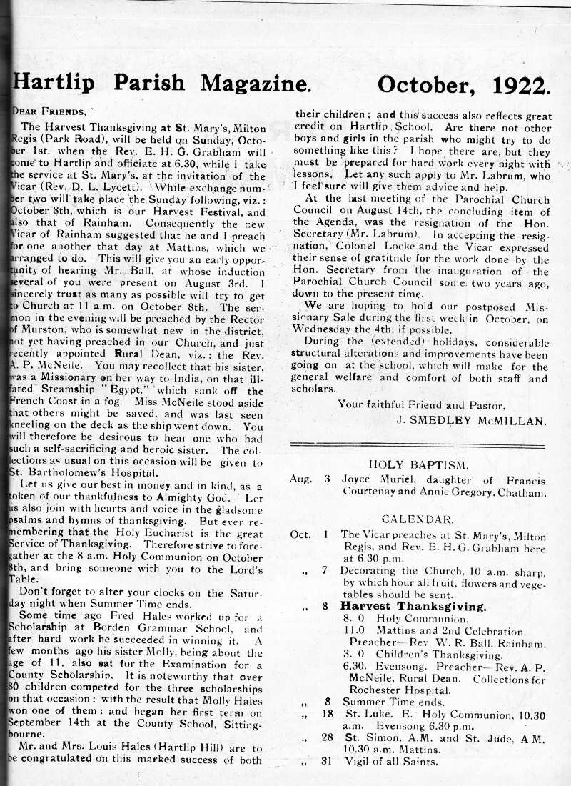 Parish Magazine page number 2 for Oct 1922