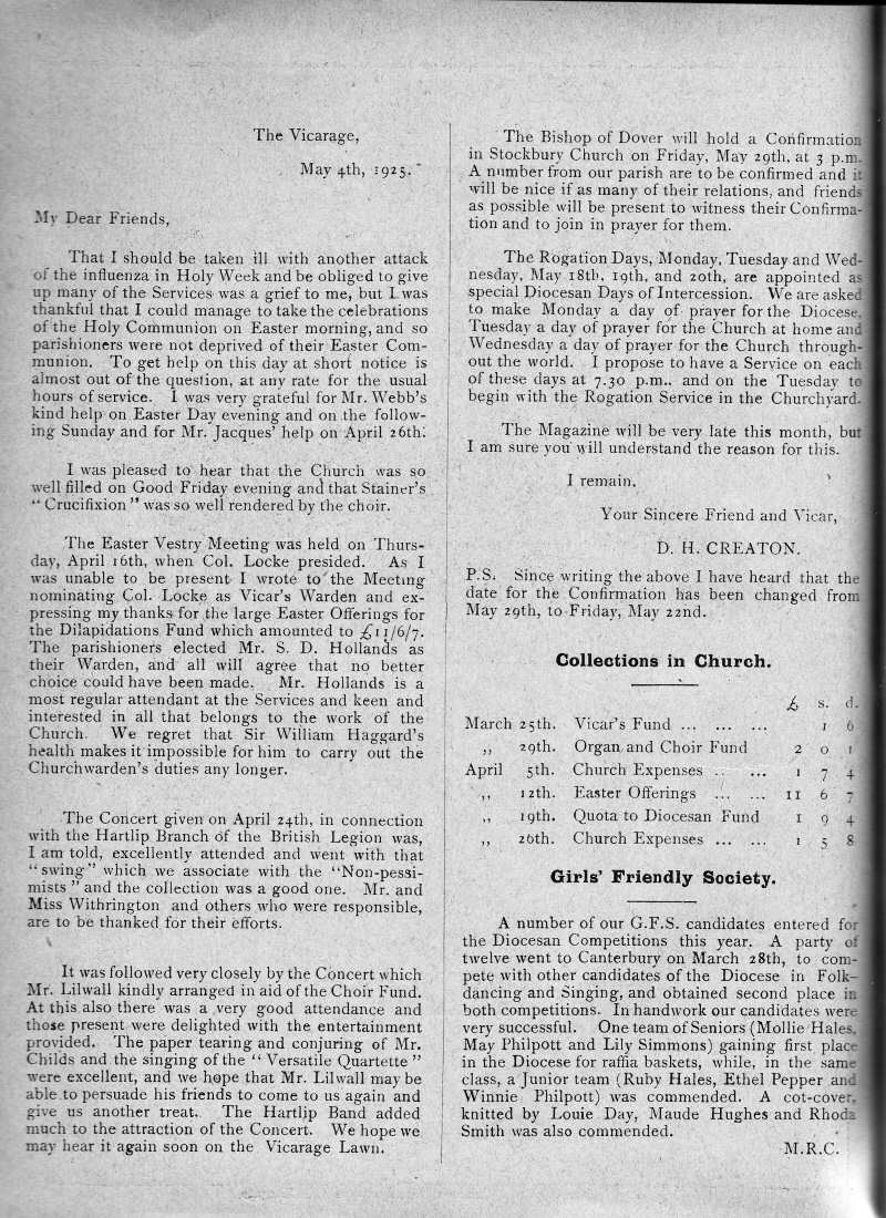 Parish Magazine page number 2 for May 1925